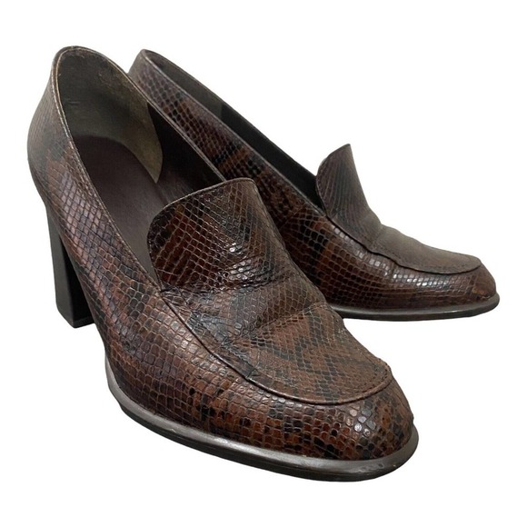Nine West Brown Snake Print Loafers Block Heel Chunky Y2K 90's 8.5M Slip On - Picture 1 of 9